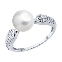 Кольцо из серебра с синтетическим жемчугом и фианитами (Арт.94014413)