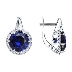 Серьги из серебра с корундами сапфировыми (синт.) и фианитами (Арт.88020008)