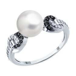 Кольцо из серебра с синтетическим жемчугом и фианитами (Арт.94014415)