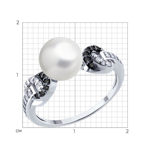 Кольцо из серебра с синтетическим жемчугом и фианитами (Арт.94014415)