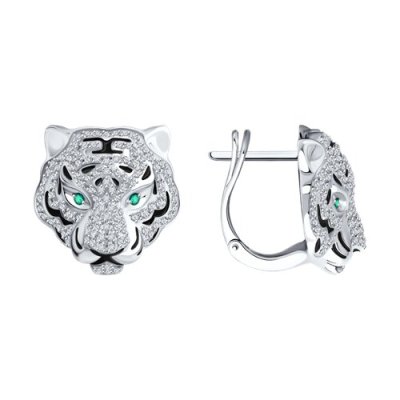 Серьги из белого золота с бриллиантами, изумрудами и эмалью «Тайна тигра» SOKOLOV (арт.3020593-3)