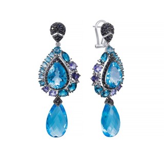 Серьги белое золото с бриллиантами, сапфирами и топазами «Океан Ночи» Myjewels (арт.ER-32957A)