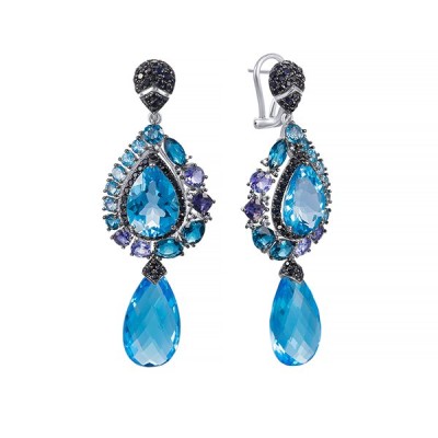 Серьги белое золото с бриллиантами, сапфирами и топазами «Океан Ночи» Myjewels (арт.ER-32957A)