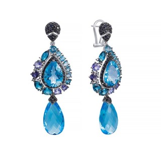 Серьги белое золото с бриллиантами, сапфирами и топазами «Океан Ночи» Myjewels (арт.ER-32957A)