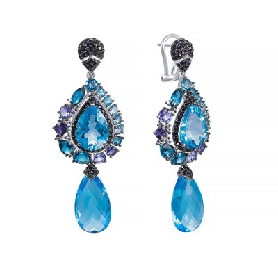 Серьги белое золото с бриллиантами, сапфирами и топазами «Океан Ночи» Myjewels (арт.ER-32957A)