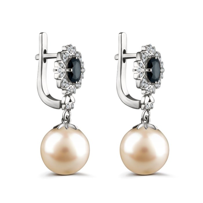 Серьги из золота с бриллиантом и жемчугом Русские Самоцветы (Арт.95591)