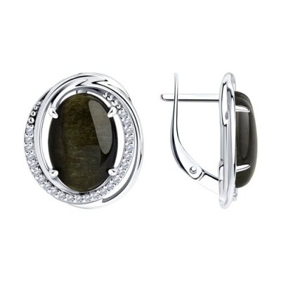 Серьги серебряные с обсидианом и фианитами «Ночная Овалия» Соколов (арт.00962)