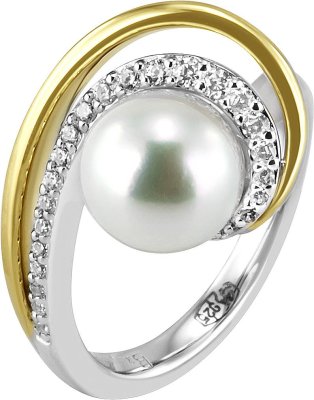 Кольцо из серебра с жемчугом и куб. цирконием (Арт.41_04305-6c)