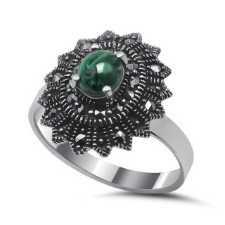 Кольцо серебряное с малахитом и марказитом «Крылья ночи» MyJewels (арт.2139)