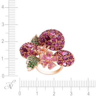 Кольцо золотое с бриллиантами, родолитами и сапфирами «Flora Pink» JvG (арт.R0002618)