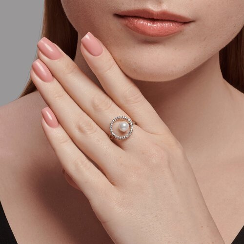 Кольцо из серебра с жемчугом и фианитами (Арт.94014048)