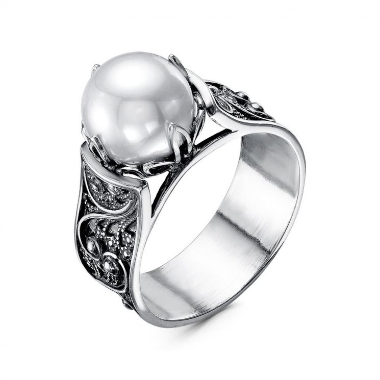 Серебряное кольцо с жемчугом имитированным Красная пресня 23612270