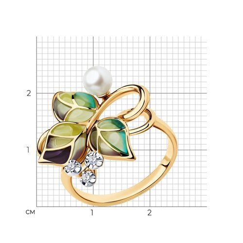 Кольцо из золота с эмалью и бриллиантами и жемчугом (Арт.6019012)