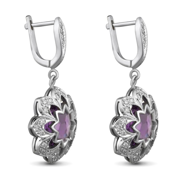 Серьги из золота с аметистом и бриллиантом Русские Самоцветы (Арт.88042)