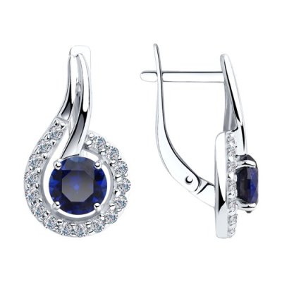 Серьги серебряные с синим корундом и фианитами «Ночная Комета» Соколов (арт.88020065)