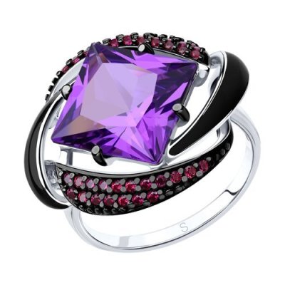 Кольцо из серебра с эмалью с сиреневым ситаллом и красными фианитами (Арт.92011301)