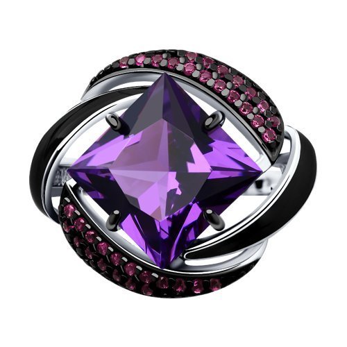 Кольцо из серебра с эмалью с сиреневым ситаллом и красными фианитами (Арт.92011301)