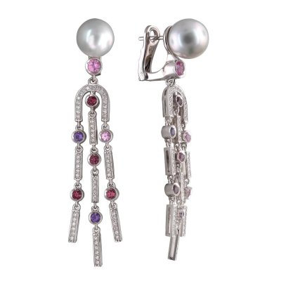 Серьги с аметистом, бриллиантами, жемчугом, родолитом и сапфиром «Aphrodita Shine» из белого золота Estet (арт.01С6210920-1)