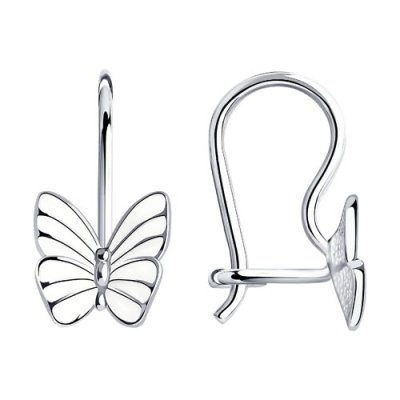 Детские серьги с белыми бабочками с эмалью (Арт.94021638)