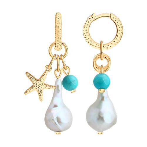 Серьги из золочёного серебра с бирюзой и жемчугом «Морская звезда» SOKOLOV (арт.93-321-00026-1)
