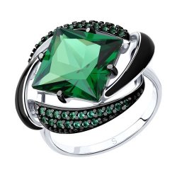 Кольцо из серебра с эмалью с зелёным ситаллом и зелеными фианитами (Арт.92011302)