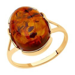 Кольцо из золочёного серебра с коричневым янтарём (Арт.93010518)