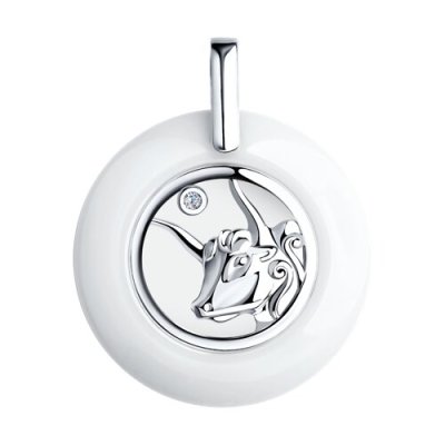 Подвеска из серебра с керамической вставкой и фианитом. знак зодиака телец (Арт.94-130-00571-1)