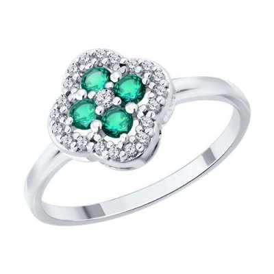 Кольцо серебряное с изумрудами и фианитами «Изумрудный Клевер» Соколов (арт.63010000)