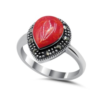 Кольцо серебряное с кораллом и марказитом «Алые Крылья» MyJewels (арт.2139)