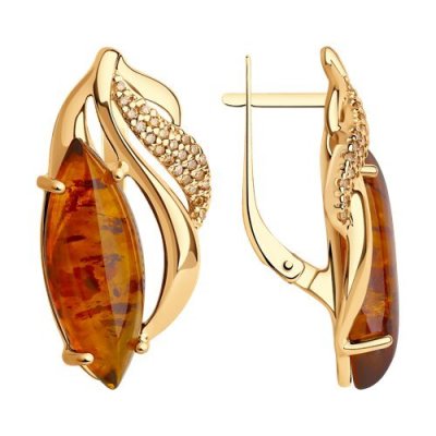 Серьги из золочёного серебра с жёлтыми фианитами и янтарём (Арт.83020033)