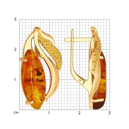 Серьги из золочёного серебра с жёлтыми фианитами и янтарём (Арт.83020033)