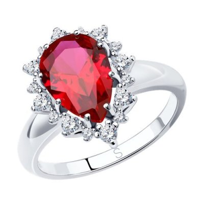 Кольцо из серебра с корундом рубиновым (синт.) и фианитами (Арт.84010014)
