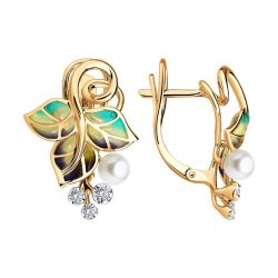Серьги из золота с эмалью с бриллиантами и жемчугом (Арт.6029005)