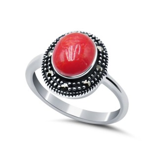 Кольцо серебряное с кораллом и марказитом «Алое Сердце» My-Jewels (арт.2139)
