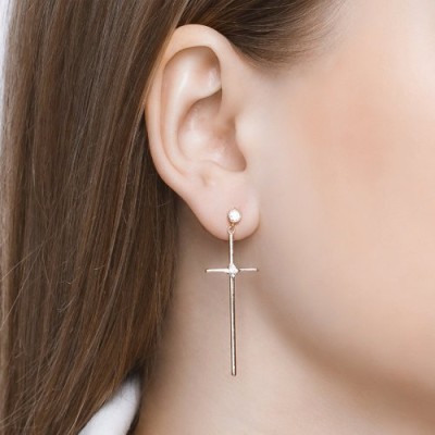 Серьги из золочёного серебра с фианитами «Тонкий Крест» Соколов (арт.9302)