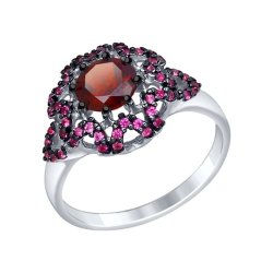 Кольцо из серебра с гранатом и красными фианитами (Арт.92011351)