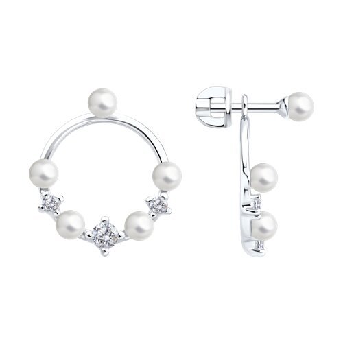 Серьги из серебра с синтетическим жемчугом и фианитами (Арт.94026990)