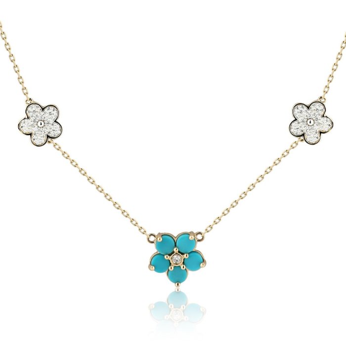 Ожерелье из золота с бирюзой и бриллиантом Русские Самоцветы (Арт.95835)