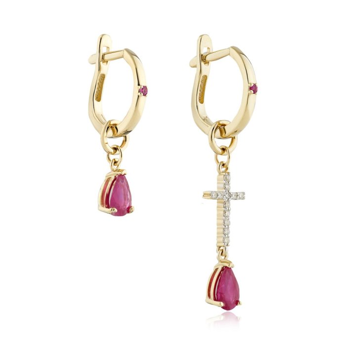 Серьги из золота с бриллиантом и рубином Русские Самоцветы (Арт.95803)