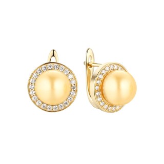 Серьги серебряные с жемчугом и фианитами «Golden Pearl Shine» Fresh Jewelry (арт.PI-E00150-X-L-ST705-X-W)