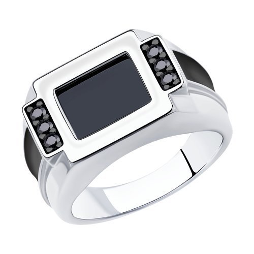 Кольцо-печатка из серебра с эмалью, фианитами и шпинелью «Ночной акцент» SOKOLOV (арт.94-112-00488-2)