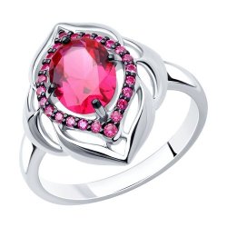 Кольцо из серебра с корундом рубиновым (синт.) и красными фианитами (Арт.84010024)