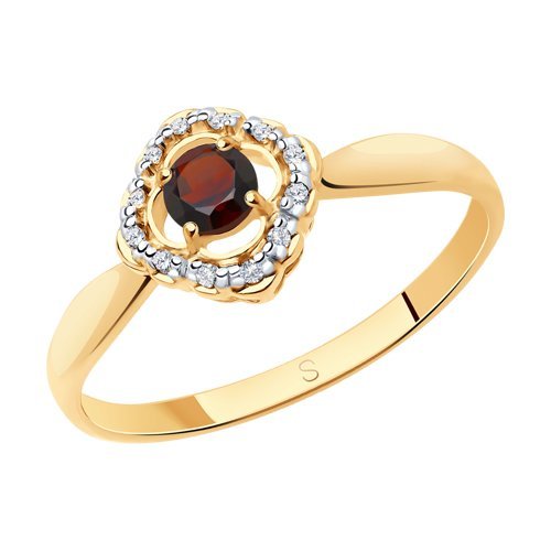 Кольцо из золочёного серебра с гранатом и фианитами (Арт.92011388)