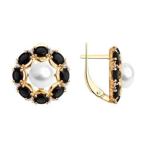 Серьги серебряные с агатом, жемчугом и фианитами «Ночная аура» Соколов (арт.92022823)