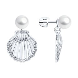 Серьги из серебра с синтетическим жемчугом и фианитами (Арт.94027226)