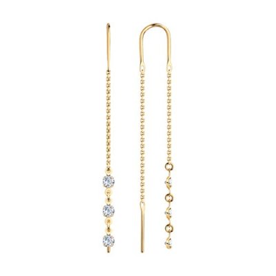 Серьги-цепочки из золота с тремя фианитами (Арт.022807)