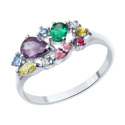 Кольцо из серебра с гидротермальным изумрудом, корундом и фианитами (Арт.82010015)