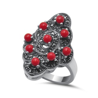 Кольцо серебряное с кораллом и марказитом «Алая чаровница» My-jewels (арт.2139)