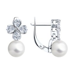 Серьги из серебра с синтетическим жемчугом и фианитами (Арт.94026827)