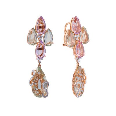 Серьги золото с аметистом, празиолитом и бриллиантами «Танец Драгоценных Капель» ALFA (арт.E0875P102D-PA-GM1_SR_GA_PAM_PINK)